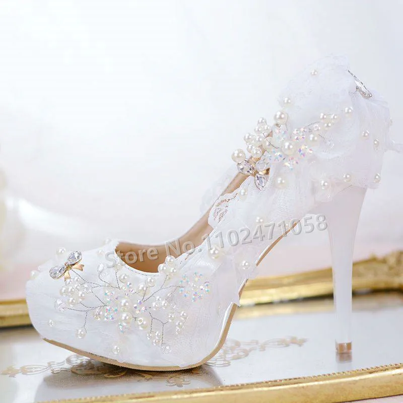 

White Lace Pearl Rhinestone Women Hight Heels Wedding Bride Butterfly Knot Pointed Toe Thin Heel Shallow Pumps Lady Party Shoes