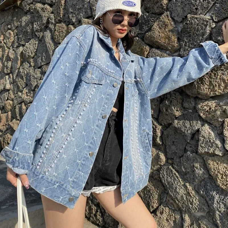 2023 Women Vintage Casual Loose Plaid Long Sleeve Pearls Beading Denim Jacket Female Harajuku Single Breasted Jean
2023 Women Vintage Casual Loose Plaid Long Sleeve Pearls Beading Denim Jacket Female Harajuku Single Breasted Jean