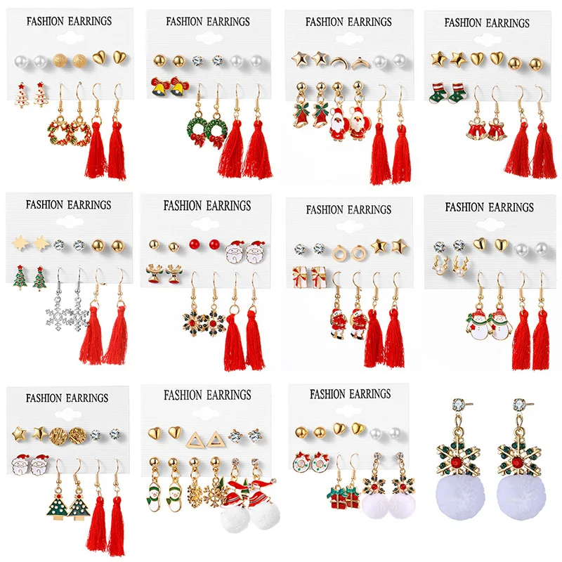 

Red Tassel Santa Claus Dangle Earrings Set Cute Pom Poms Drop Earring Christmas Bells Deer Snokeflake Stud Earings Women Jewelry