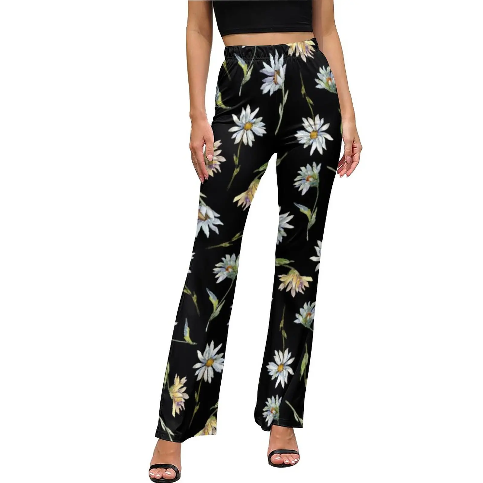 

Elegant Daisy Pants High Waisted Watercolor Floral Streetwear Flared Pants Summer Casual Graphic Big Size Trousers