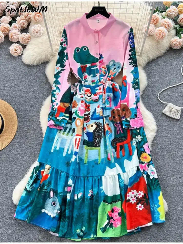 Animals Printed Lapel Single Breasted Shirt Dress Swing Loose Waist Long-sleeved Female A-line Dresses Elegant Robe Vestidos
Animals Printed Lapel Single Breasted Shirt Dress Swing Loose Waist Long-sleeved Female A-line Dresses Elegant Robe Vestidos