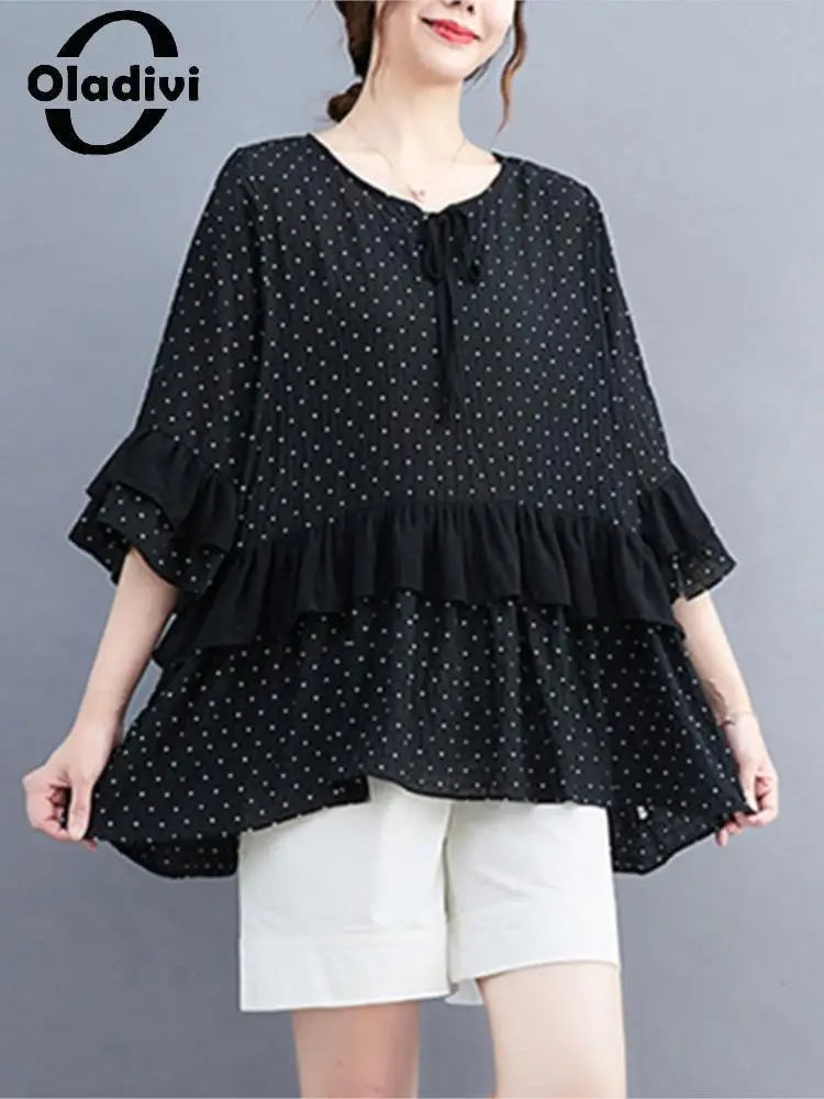 

Oladivi Women Fashion Polk Dot Print Ruffle Sleeve Casual Loose Blouses 2022 Summer Oversized Shirts Large Size Tops Tunics 9808