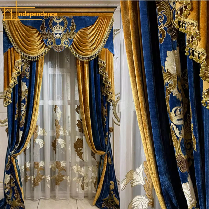 High End European Style Palace Sapphire Blue Gold Embroidered Velvet Curtains for Living Room Bedroom Villa Window Screens
High End European Style Palace Sapphire Blue Gold Embroidered Velvet Curtains for Living Room Bedroom Villa Window Screens