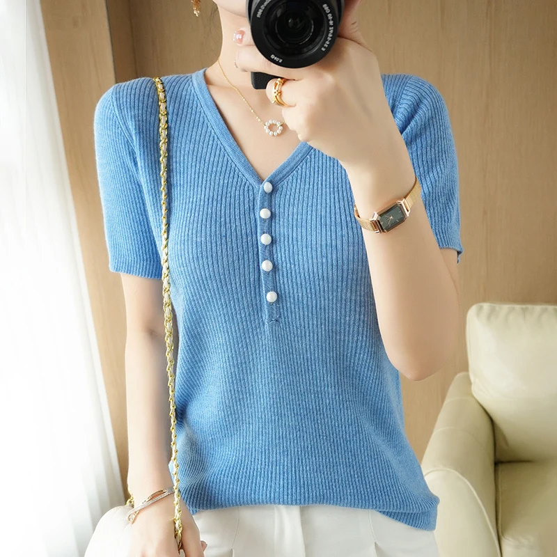Women's T-shirt Summer new wool pullover Short sleeve casual V-neck knitted women's top Slim fit fashion versatile pullover T-sh
Women's T-shirt Summer new wool pullover Short sleeve casual V-neck knitted women's top Slim fit fashion versatile pullover T-sh