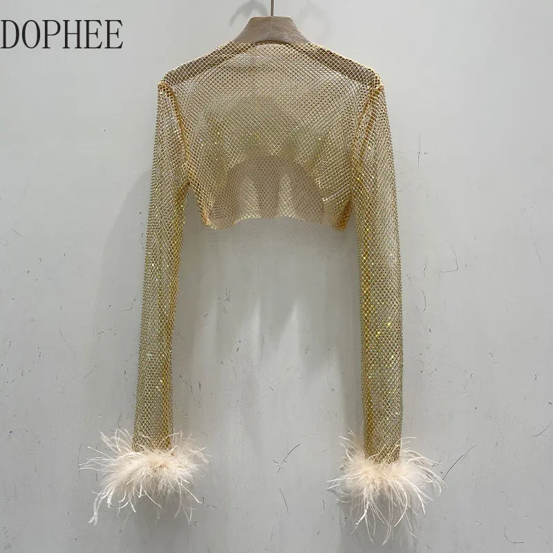Blingbling Fashion Net Red Full Drill Mesh Tops for Women Rhinestone Long Sleeve Ostrich Hair Crop T-shirt Glitter Dance Clothe
Blingbling Fashion Net Red Full Drill Mesh Tops for Women Rhinestone Long Sleeve Ostrich Hair Crop T-shirt Glitter Dance Clothe
