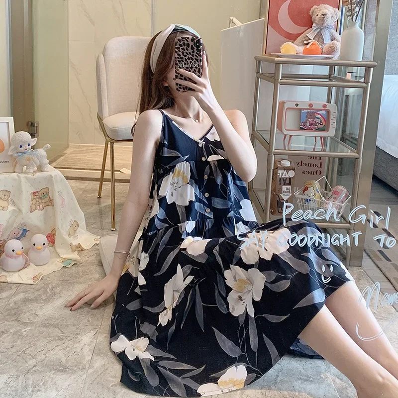 New Cotton Silk Nightdress Women's Sexy Sling Long Skirt Artificial Cotton Silk Printed Loose Homewear Clothes Pijamas
New Cotton Silk Nightdress Women's Sexy Sling Long Skirt Artificial Cotton Silk Printed Loose Homewear Clothes Pijamas