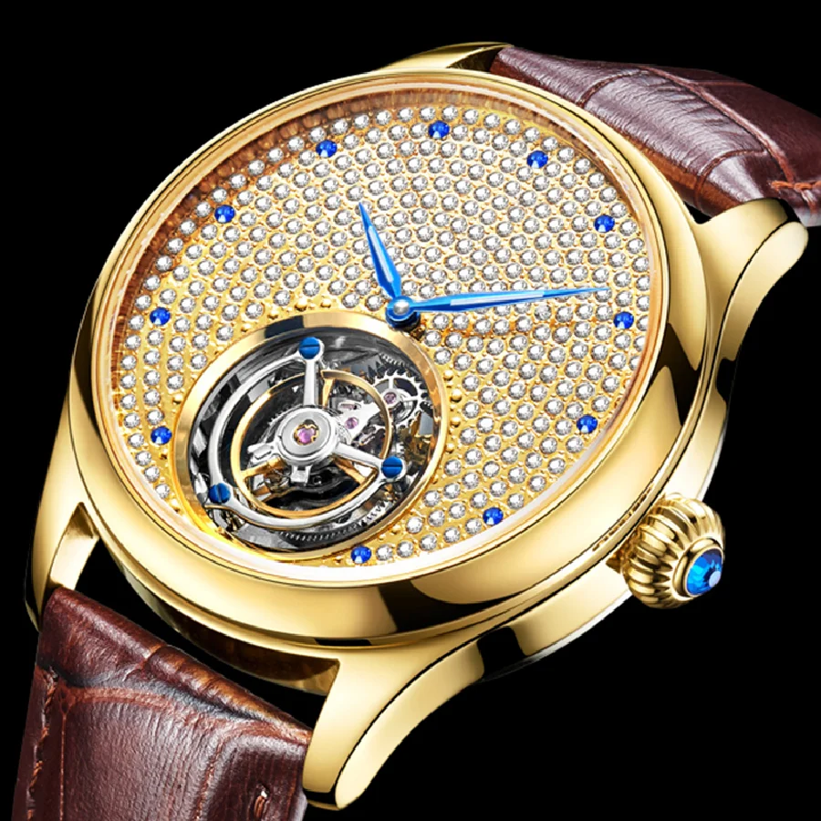 

AESOP 100% Real Tourbillon Mechanical Hand Wind Sapphire Mens Watches Brand Luxury Rhinestone Clock Men Gold Relogio Masculino