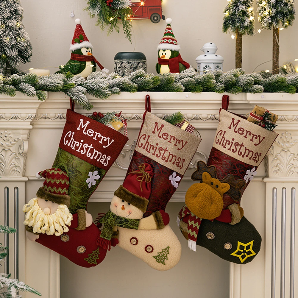 

Рождественские чулки, украшение для рождественской елки, Подарочный пакет для конфет, снеговик, Санта-Клаус, лось, медведь, с принтом, домашнее рождественское украшение