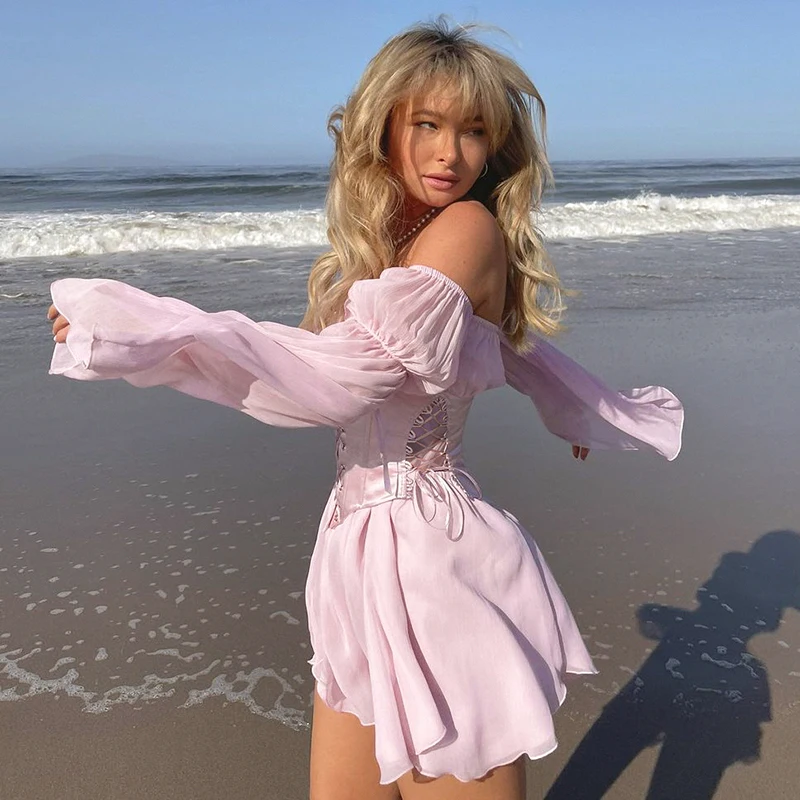 Chiffon Twill Collar Mini Dress Ladies Summer Beach Holiday Long Sleeve Corset Bandage Dress Party Casual Dress Pink korean
Chiffon Twill Collar Mini Dress Ladies Summer Beach Holiday Long Sleeve Corset Bandage Dress Party Casual Dress Pink korean