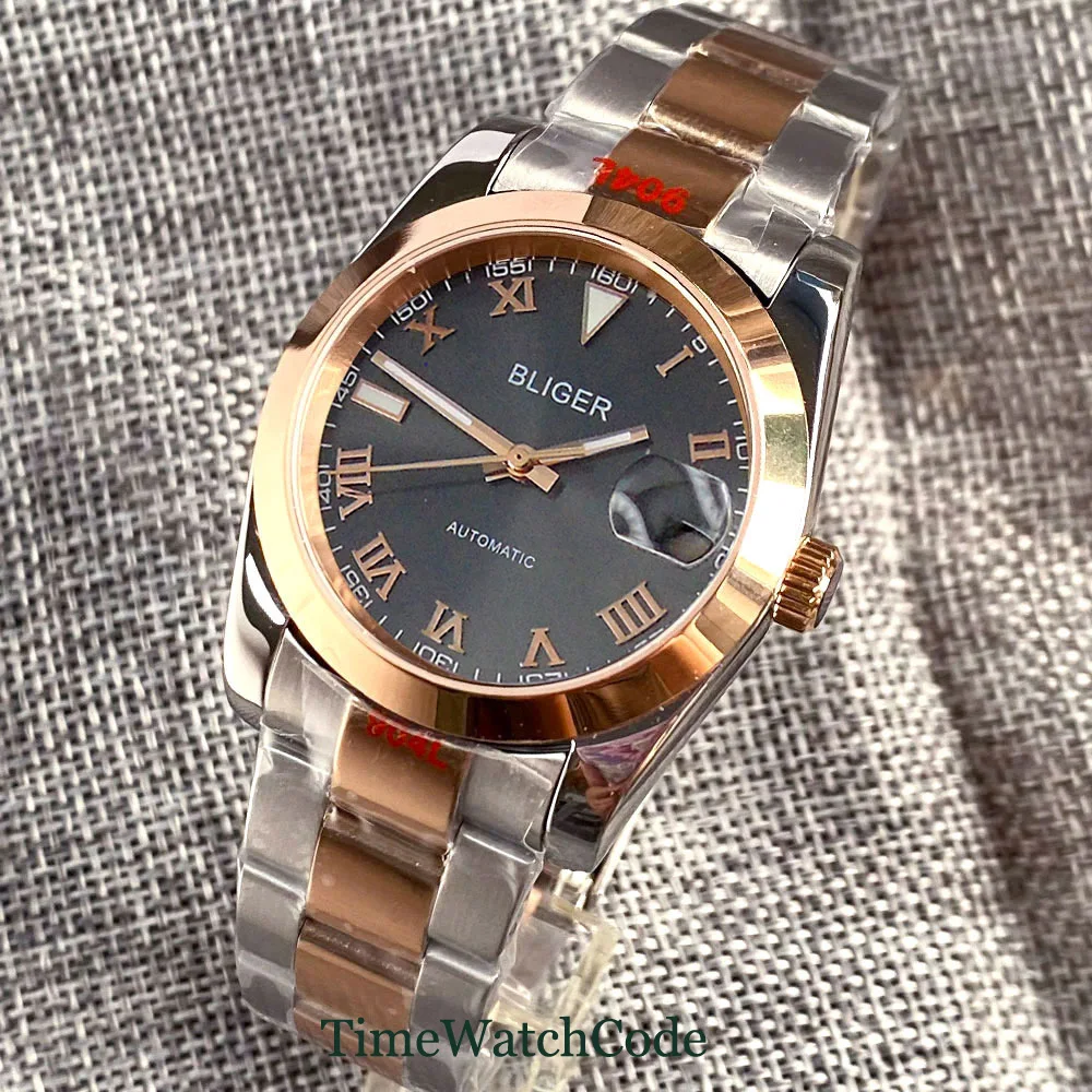 

NH35A Movement Mens Automatic Watch 36mm/39mm Sapphire Crystal Rose Gold Plated Watches Oyster Bracelet Grey Roman Numerals Dial