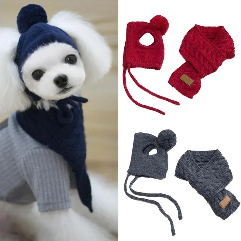 

Шапка для собак зимняя теплая полосатая вязаная шапка + шарф ошейник щенок Тедди костюм Рождественская одежда костюмы для собак Санты