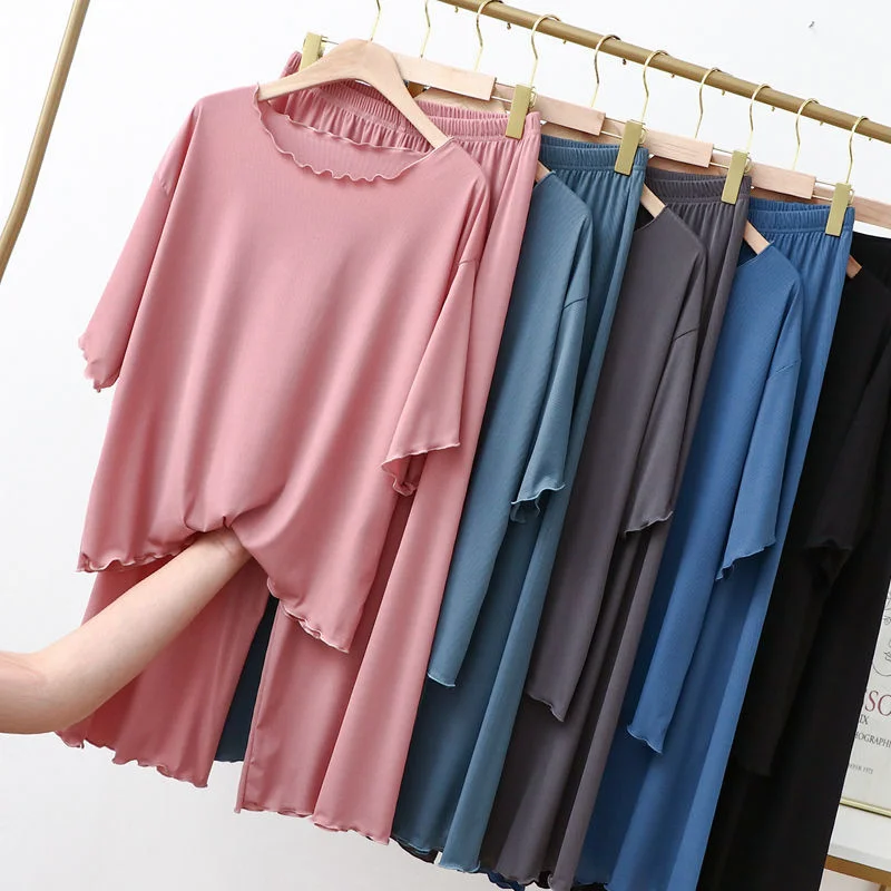 Women's Pajamas Suit 2022 Summer New Underwear Home Clothing Spring And Autumn Ice Silk Short Sleeve Top Pants 2 Two Piece Set
Women's Pajamas Suit 2022 Summer New Underwear Home Clothing Spring And Autumn Ice Silk Short Sleeve Top Pants 2 Two Piece Set