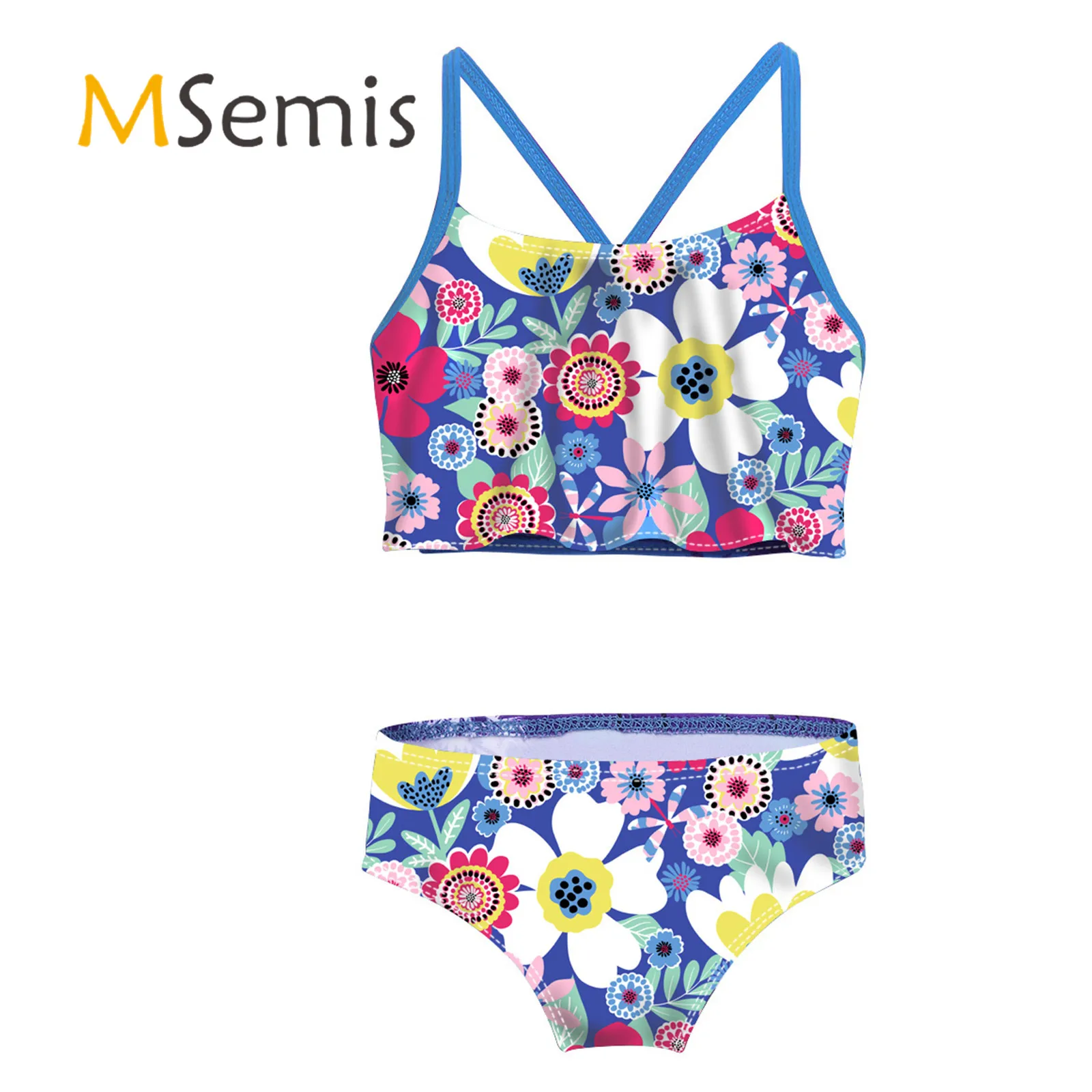 

2PCS Kids Girls Tankini Swimwear Tropical Palm Printed Flounce Surfing Swimsuit Swimming Bathing Suit Set Tops with Bottoms