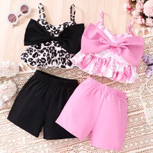 Newest Fashion Summer Toddler Sets Baby Girls Clothes Leopart Love Heart Strap Big Bow Vest Tops   Short Pants 2Pcs Set Clothes