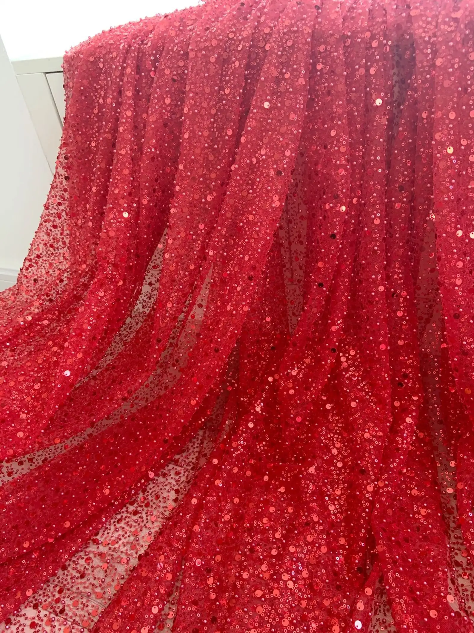 

1 yard Red Bead Tulle Lace Fabric with Sparkle Sequins For Dress Couture Costume