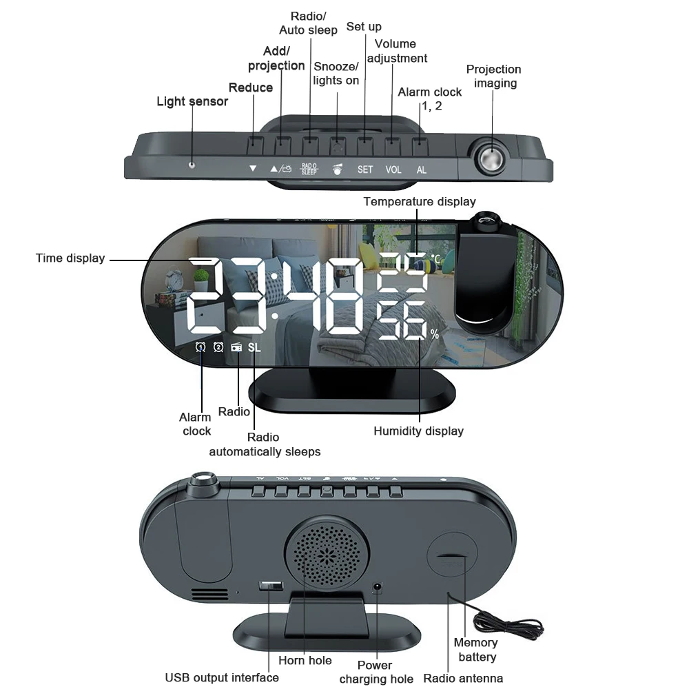 Светодиодный Будильник с цифровой проекцией электронный будильник времени на 180