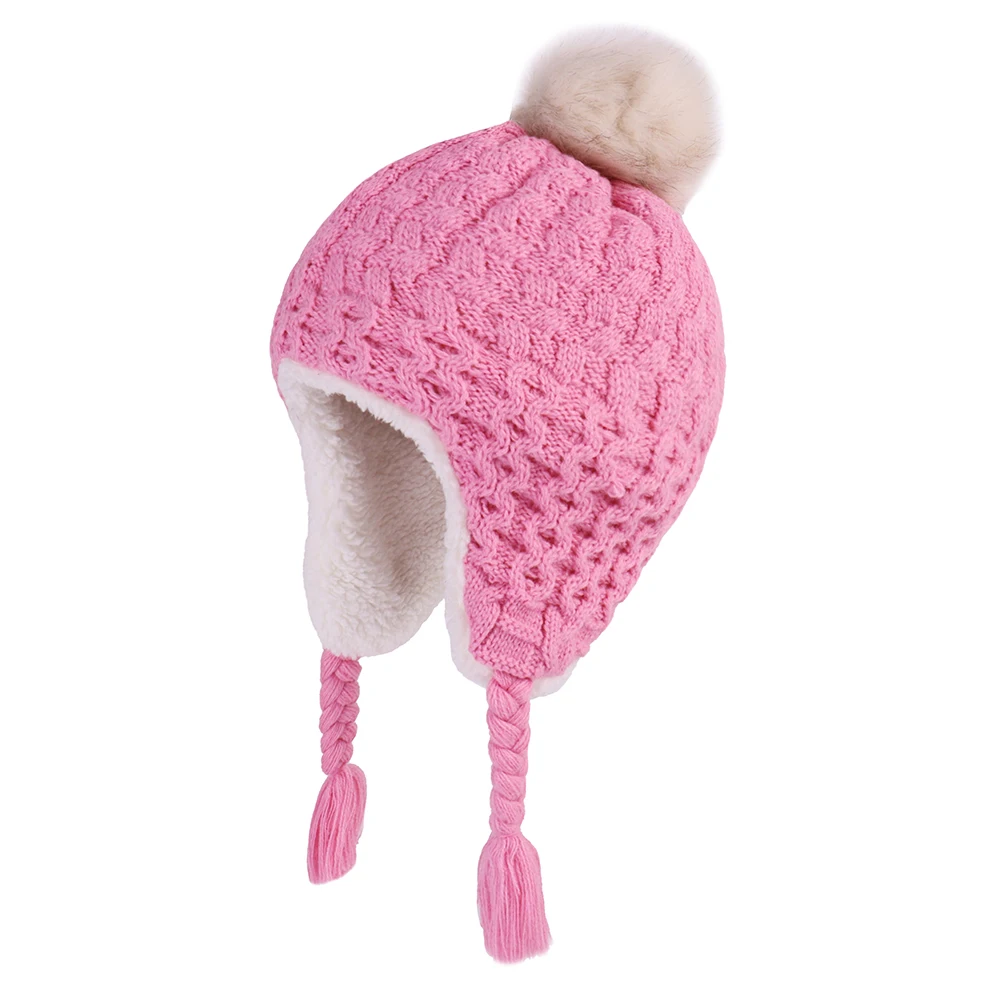

Baby Knit Earflap Hats For Girls Boys Toddler Infant Crochet Faux Fur Pompom Beanie Kids Winter Fleece Lined Braided Trapper Cap