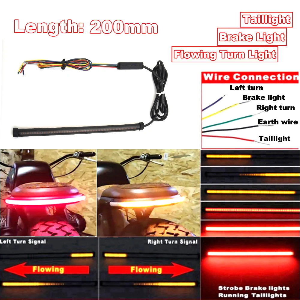 Motorcycle LED Tail Brake Turn Signal Strip Lights Two-color Red/amber Steering Function 20cm Turn Signal LED Strips Parts
Motorcycle LED Tail Brake Turn Signal Strip Lights Two-color Red/amber Steering Function 20cm Turn Signal LED Strips Parts