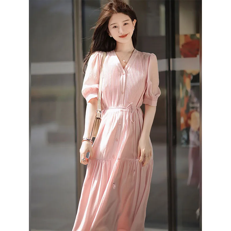Summer Vintage Pink Midi Dresses for Women 2023 New French Pleating V-neck Patchwork Fashion Design Solid Casual Female Clothes
Summer Vintage Pink Midi Dresses for Women 2023 New French Pleating V-neck Patchwork Fashion Design Solid Casual Female Clothes