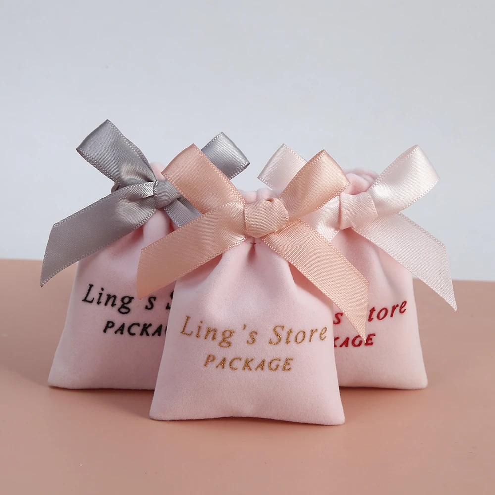 

100Pcs Custom Logo Jewelry Velvet Gift Bags With Ribbon Drawstring Ring Pouches Wedding Favor Candy Packing Christmas Decoration