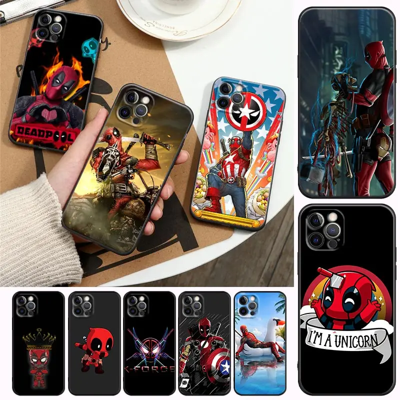 

Marvel Funny Deadpool Comics Phone Case For Apple iPhone14 13 12 11 Pro Max Mini 8 7 SE XR XS Plus Black Cover Fundas Coque Capa