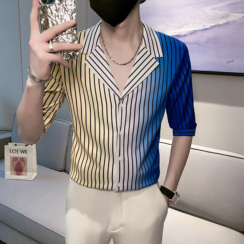 2022 Men High Quality Summer Stripe Leisure Half Sleeve Shirts/Male Slim Fit V-Neck Gradient Ramp social Shirts Plus Size S-3XL
2022 Men High Quality Summer Stripe Leisure Half Sleeve Shirts/Male Slim Fit V-Neck Gradient Ramp social Shirts Plus Size S-3XL