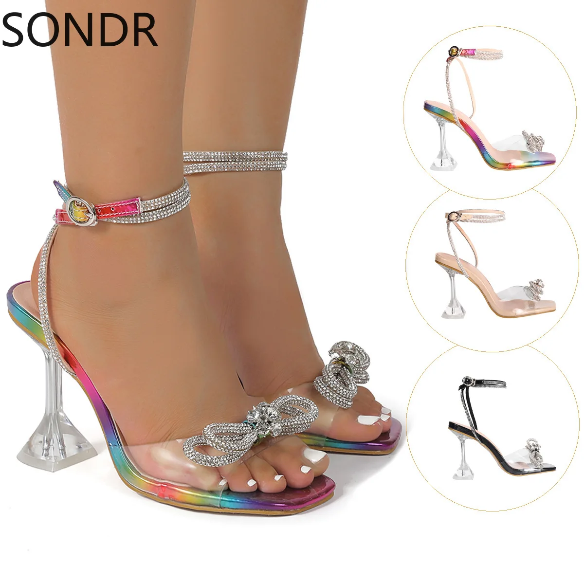 Женские прозрачные сандалии на высоком каблуке с открытым носком и бантом, босоножки с ремешком на пятке, летняя обувь радужных цветов, 20222022 
Женские прозрачные сандалии на высоком каблуке с открытым носком и бантом, босоножки с ремешком на пятке, летняя обувь радужных цветов, 20222022