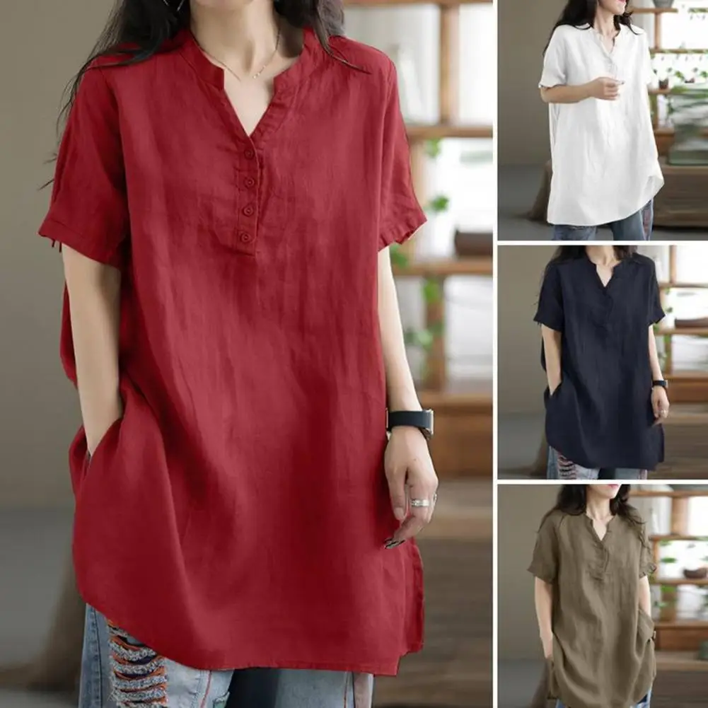Stylish Women's V-neck Summer Top Soft Thin Casual Loose Pullover with Short Sleeves Mid Length Button Details Daily Shirt
Stylish Women's V-neck Summer Top Soft Thin Casual Loose Pullover with Short Sleeves Mid Length Button Details Daily Shirt