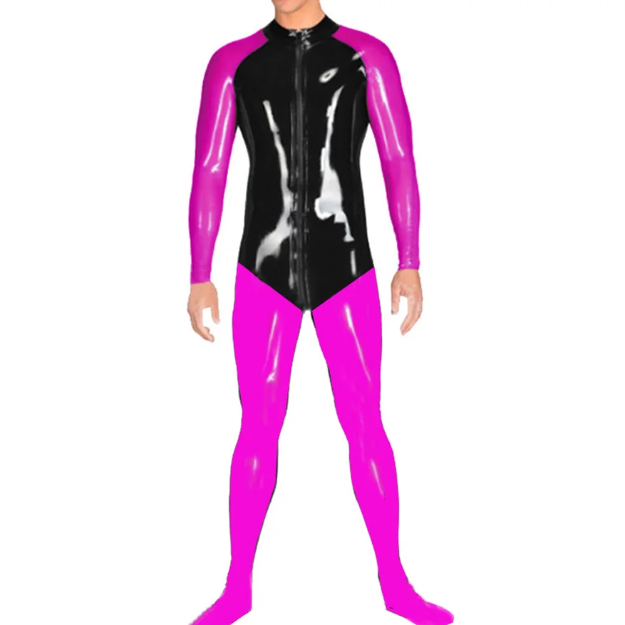 

Black and Rose Pink Latex Man Overall Catsuit Rubber Bodysuit Tight Suit with Socks Costumes Handmade S-LCM161