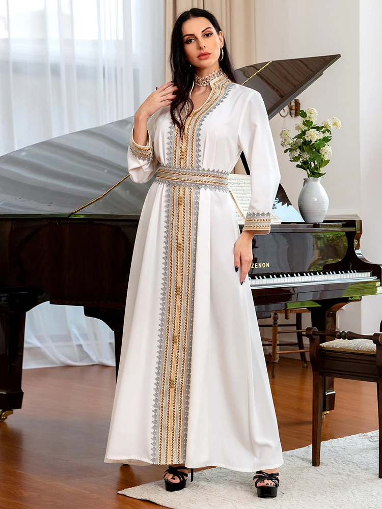 

Ethnic Tape Trim Maxi Dress for Women White Stand Collar Long Sleeve Loose Belted Arabic Muslim Abaya Party Wears