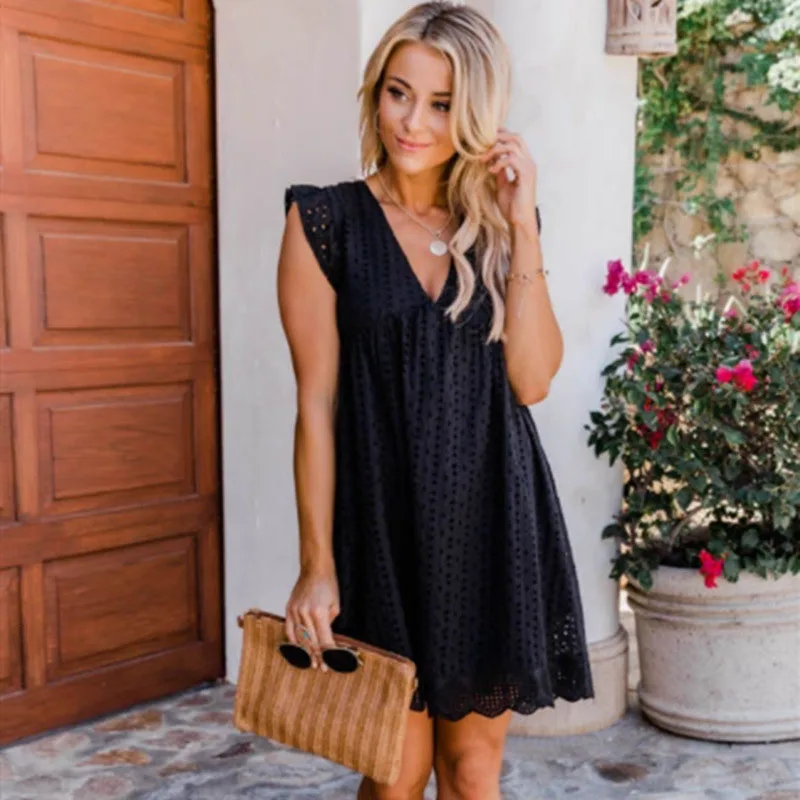 V-neck Summer Short Sleeve Lace Dress Hollow Casual Dress Women Party Dresses Ladies 2022 A Line Vestidos Robe with Pocket 
V-neck Summer Short Sleeve Lace Dress Hollow Casual Dress Women Party Dresses Ladies 2022 A Line Vestidos Robe with Pocket