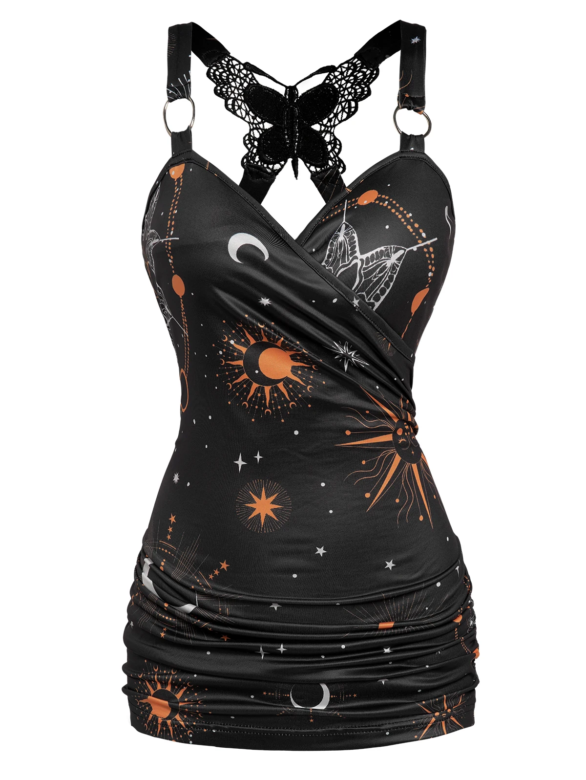 

Celestial Sun Moon Star Print Tank Top Women Summer Vest Butterfly Lace Insert Ruched Surplice O Ring Strap Caimsole