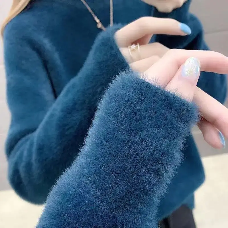 Winter Women Pullover Sweater Fashion Half Turtleneck Knitted Jumper Loose Imitation Mink Velvet Knitted Sweater Femme Tops
Winter Women Pullover Sweater Fashion Half Turtleneck Knitted Jumper Loose Imitation Mink Velvet Knitted Sweater Femme Tops