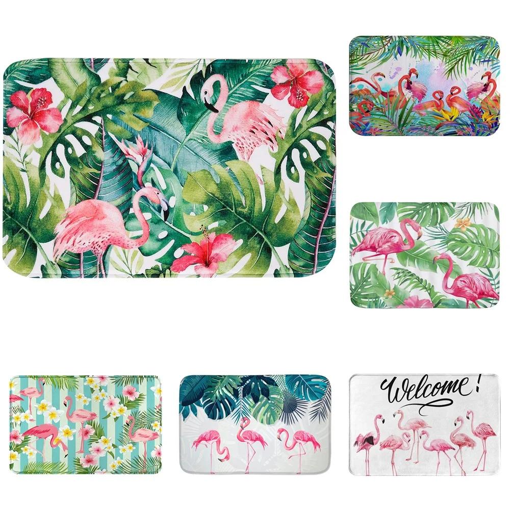 

Pink Flamingo Bath Mat Tropical Plant Green Leaves Carpet Non-slip Bathroom Decor Doormat Flower Animal Kitchen Toilet Floor Rug