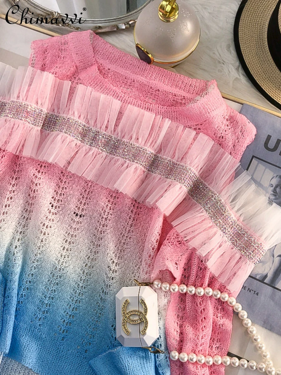 French Dyed Hot Rhinestone Ruffled Long Sleeve Knitting Tops Women 2022 Early Autumn New Fashion Gradient Thin Ladies Pullover
French Dyed Hot Rhinestone Ruffled Long Sleeve Knitting Tops Women 2022 Early Autumn New Fashion Gradient Thin Ladies Pullover
