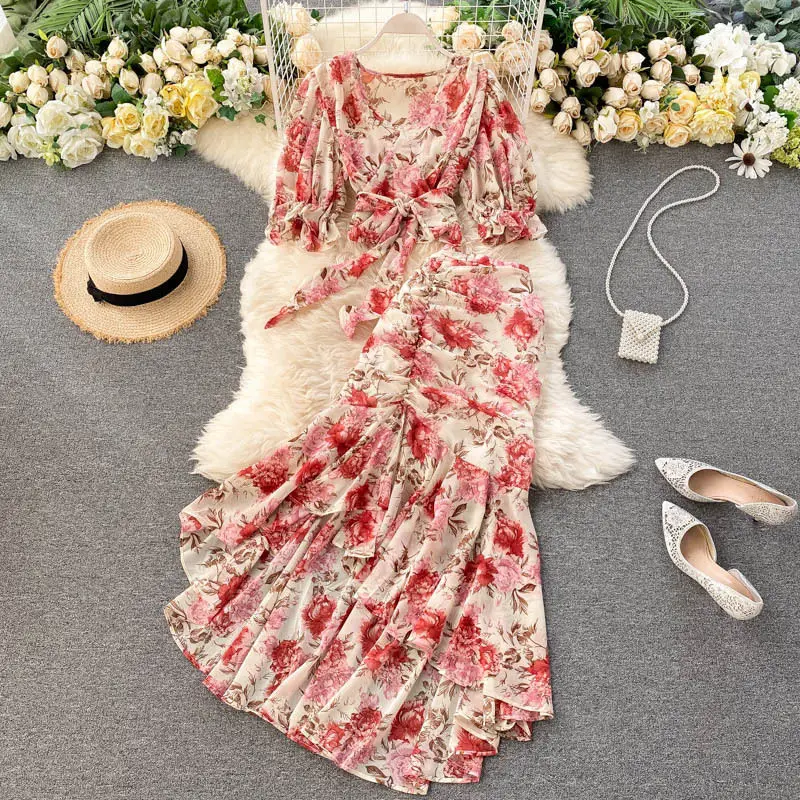 holiday style floral print summer suit women's short strap chiffon shirt sexy fishtail skirt sets 
holiday style floral print summer suit women's short strap chiffon shirt sexy fishtail skirt sets