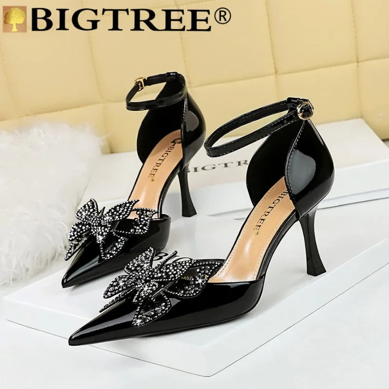 

BIGTREE Women Summer New Fashion Medium Sandals Rhinestone Buckle Strap Patent Leather 8CM Thin Heels Sexy Dress Women Shoes