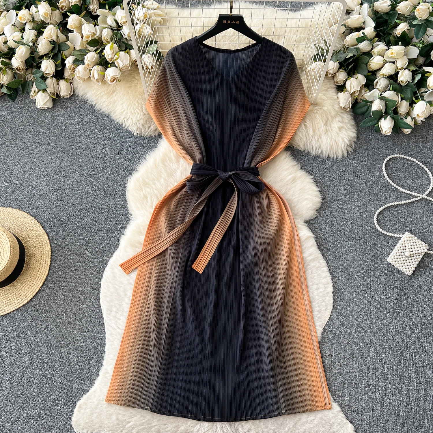 

Роскошное элегантное платье в стиле ретро с градиентом, Новинка лета 2023, Женская юбка трапециевидной формы во французском стиле с завязкой на талии