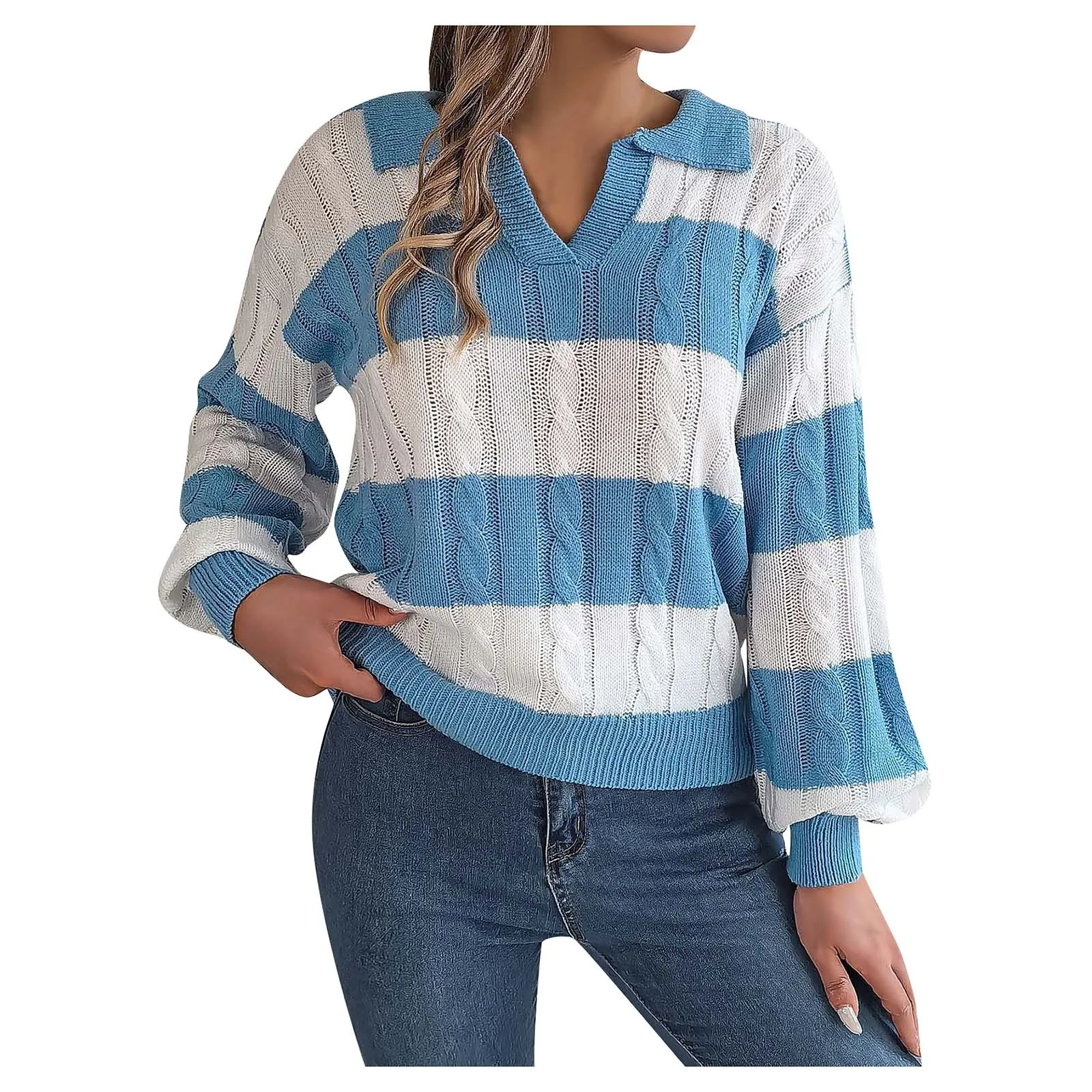 

Женский свитер с V-образным вырезом, Топ с длинным рукавом, теплый Свободный вязаный пуловер контрастных цветов, джемпер, Топ для женщин на осень и зиму