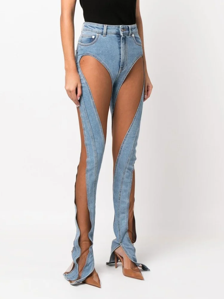 

Hot Jeans,2023 New Run Way Fashion Women Denim See Throw Sexy Full Length Half Big Hole Jeans Female Pants Slim