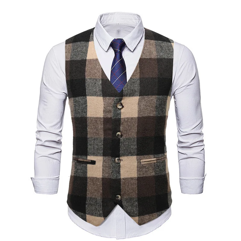 

Mens Western Herringbone Tweed Suit Vest Wool Blend V Neck Plaid Waistcoat Men Formal Business Tuxedo Vests Male Chaleco Hombre