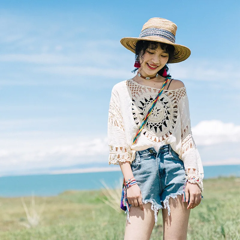 

100% Cotton Linen Crochet Female Summer Beach Style Bohemian Boho Cover-Ups Women Trend Gypsy Hippie Tribal Ethnic Ibiza Tops
