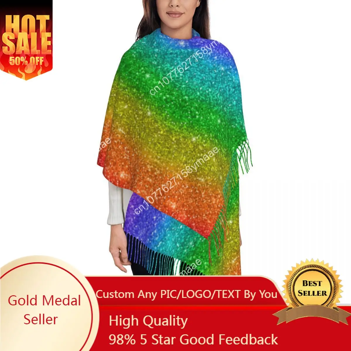 

Custom Egypt Womens Tassel Scarf Glitter Rainbow Pride Long Soft Warm Shawl And Wrap LGBT Rainbow Gifts Cashmere Scarf