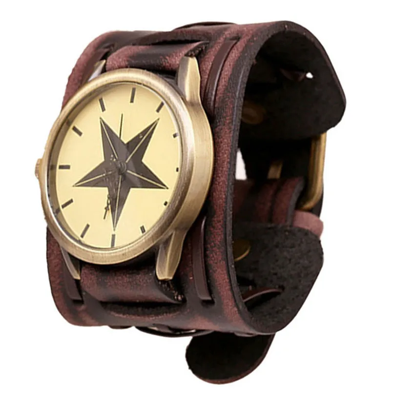 

Часы наручные мужские в стиле ретро, стильные Большие широкие, с кожаным браслетом, крутые, в стиле панк-рок, коричневые
