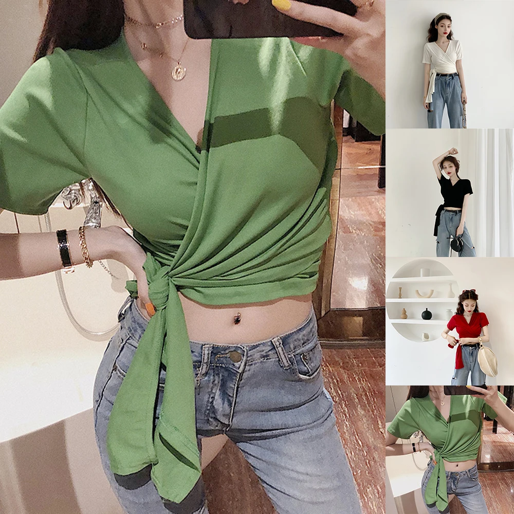 Y2K Woman Clothing Deep V-Neck T Shirt Tunics Crop Wrap Belted Slim Casual Tops Backless Bow Aesthetic Urban Short Sleeve Tshir
Y2K Woman Clothing Deep V-Neck T Shirt Tunics Crop Wrap Belted Slim Casual Tops Backless Bow Aesthetic Urban Short Sleeve Tshir