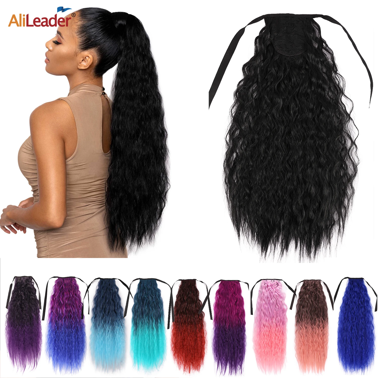 

Synthetic Corn Long Wavy Ponytail 24Inch Ombre Drawstring Curly Ponytail Clip In Pony Tail Extensions Curly Ponytail Hairpieces