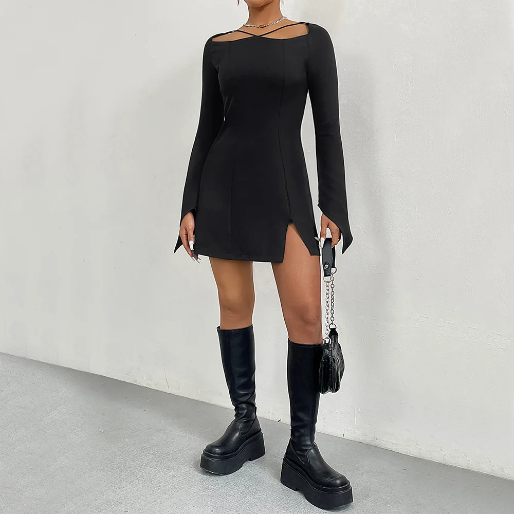 

Women's Autumn/Winter New Slim Fit Wrap Hip A-line Dress Sexy Split Long Sleeve Y2K Dress2023