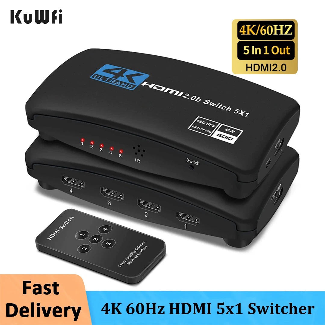 KuWFi 4K 60Hz HDMI Switch 5x1 Switcher Video Adapter with Remoter for PS4/3 TV Box HDTV PC Projector Laptop Plug and Play
KuWFi 4K 60Hz HDMI Switch 5x1 Switcher Video Adapter with Remoter for PS4/3 TV Box HDTV PC Projector Laptop Plug and Play
