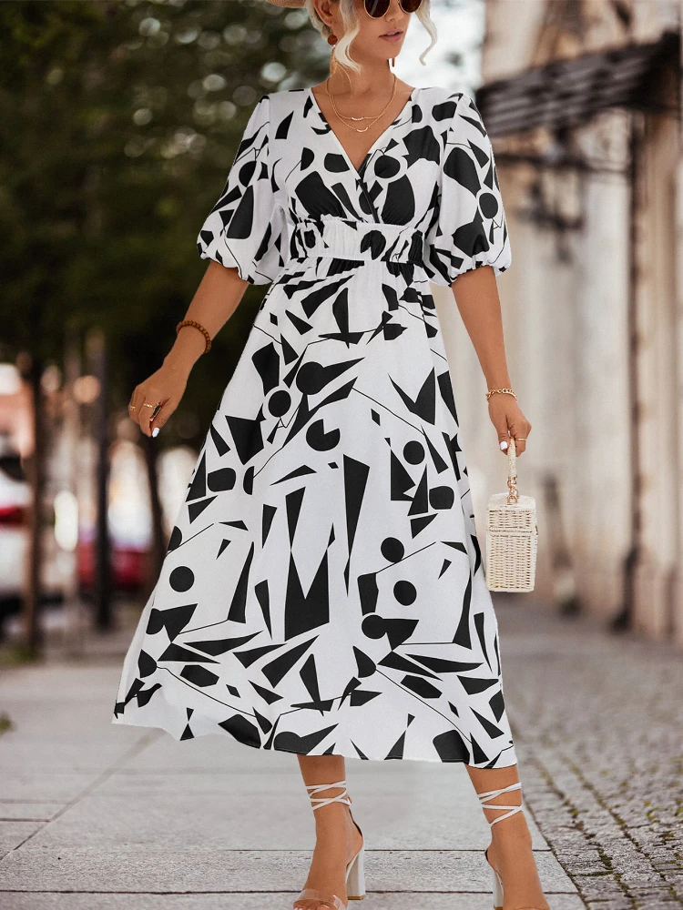 Geometric Printed High-waisted Dress V-neck Tunic Bubble Sleeve Dresses for Women Fashion Casual Street Wear Long Dress
Geometric Printed High-waisted Dress V-neck Tunic Bubble Sleeve Dresses for Women Fashion Casual Street Wear Long Dress