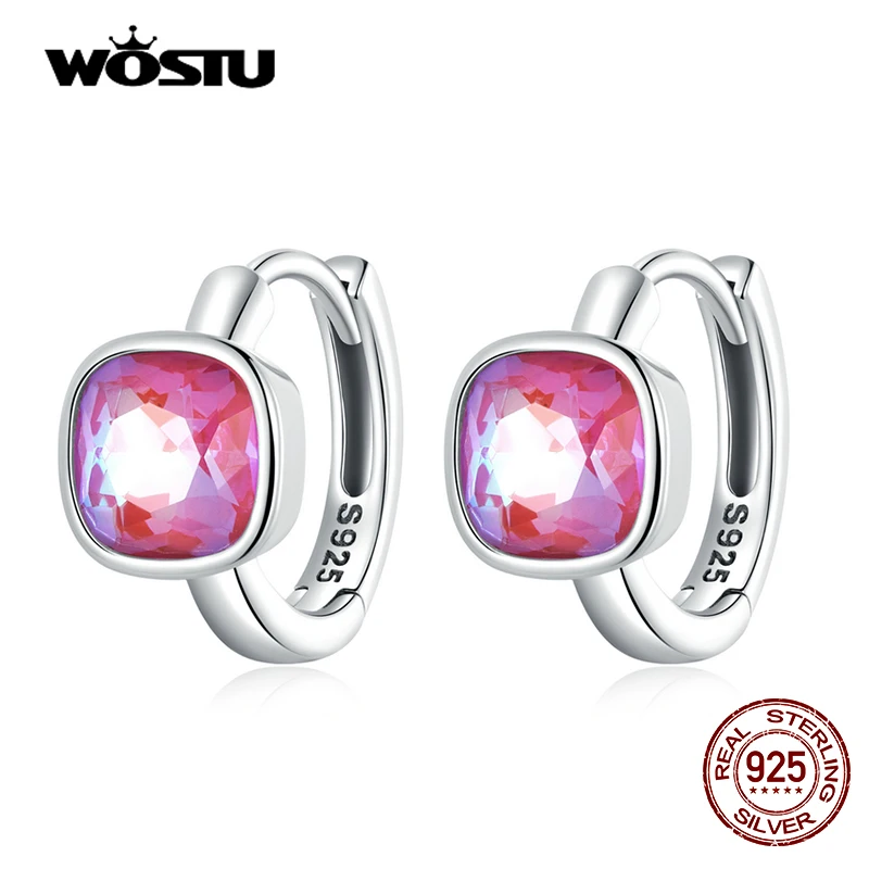 

WOSTU 100% 925 Sterling Silver Delicate Square Hoop Earrings Pink Mocha Fluorescent Ear Buckles for Women Fine Wedding Jewelry